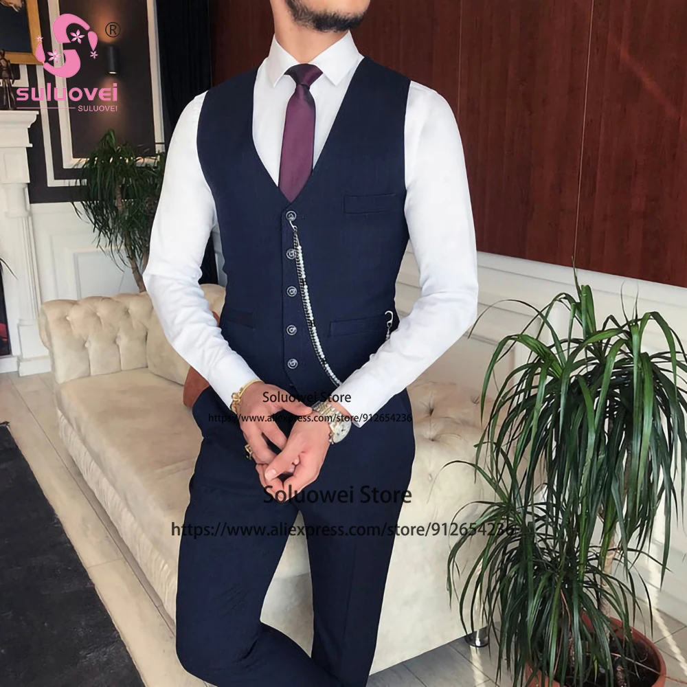 Classic Groom Wedding Peaked Lapel Suits For Men Slim Fit 3 Piece Jacket Vest Pants Set Male Business Blazer Formal Prom Tuxedo
