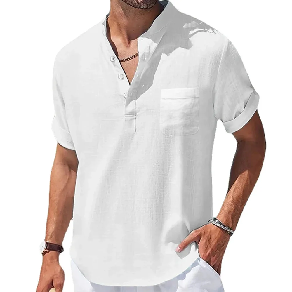 T-shirt à manches courtes en coton et lin pour hommes, col Henry, chemises décontractées, vêtements pour hommes, été, nouveau