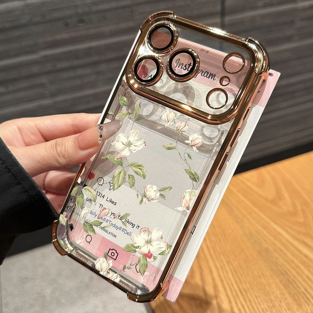 Elegant Flower Print Shockproof Phone Case - Clear Silicone with Plating Finish