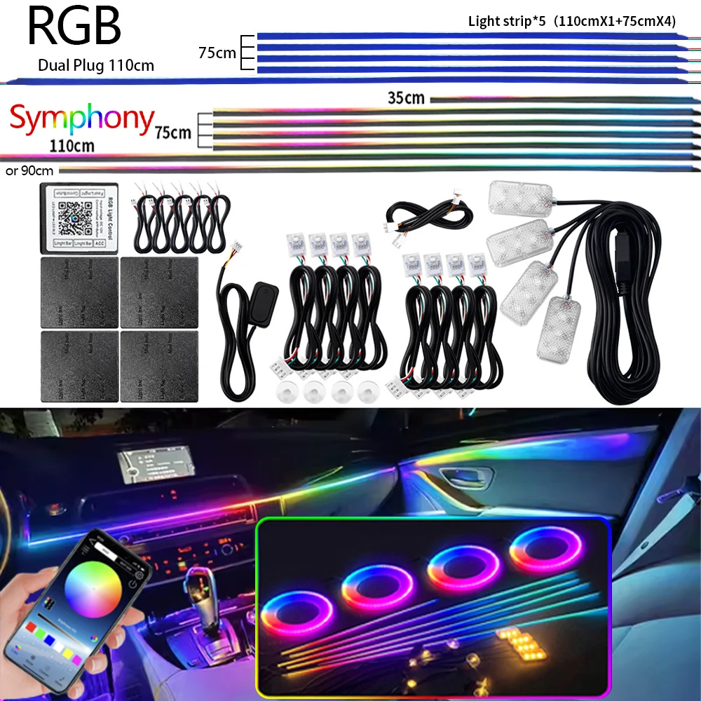 Tira acrílica ambiental Universal para coche, sinfonía de doble zona, Kit de 213 colores, aplicación RGB, decoración de una zona, adorno oculto Interior de ambiente