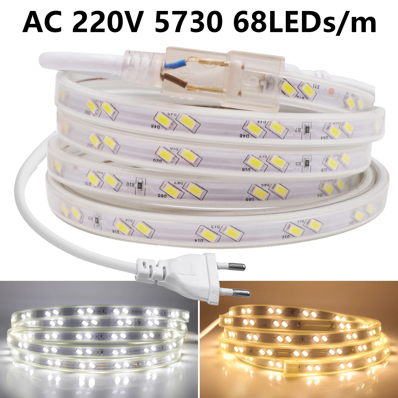 

5730 LED Strip 220V High Brightness 68LEDs/m Waterproof Flexible LED Light Tape Ribbon White Warm White Outdoor Garden Lighting