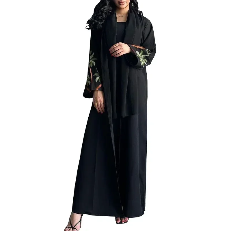 Black Casual Open Kimono Abaya for Muslim Women Ramadan Eid Jalabiya Embroidery Long Sleeve African Moroccan Robe Abayas Women