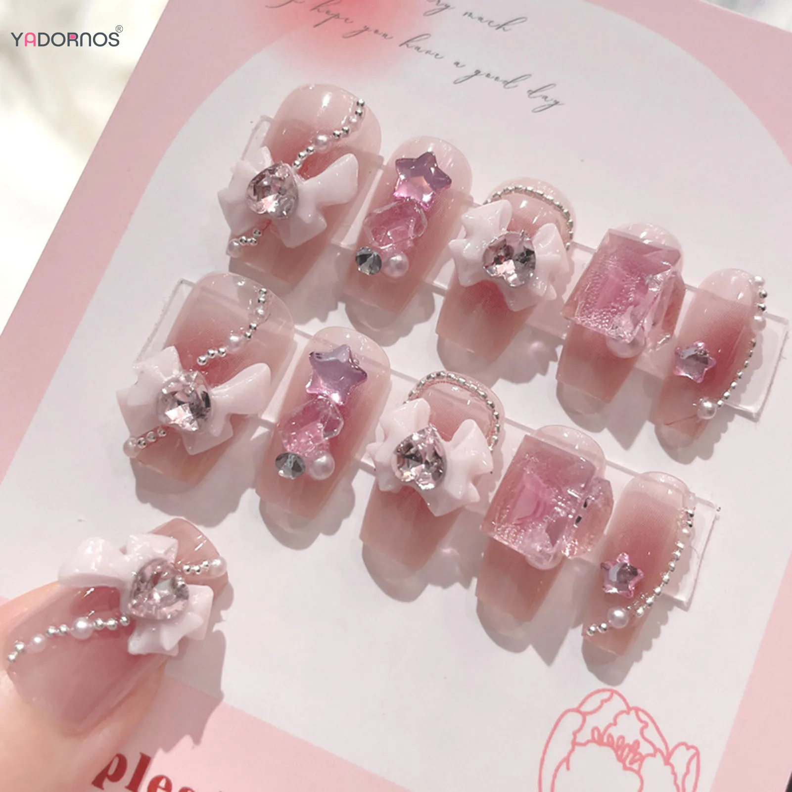 Blush Pink False Nails Bowknot Diamond Pearl 3D Design Press on Nail Tips with Harmless Smooth Edge Nails Woman DIY Fake Nails