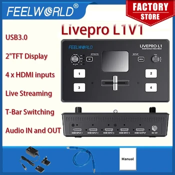 FEELWORLD 비디오 믹서 비디오 스위처, LIVEPRO L1 V1 멀티 포맷, 4 x HDMI 입력, 카메라 제작, USB3.0 라이브 스트리밍