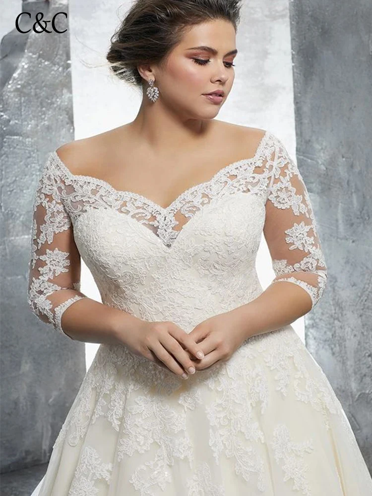 

C&C Elegant Lace Applique 2024 Wedding Dress For Women A-line Off Shoulder Half Sleeves ELegant Vestido De Novia Plus Size