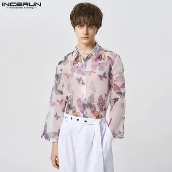 INCERUN 패션 남성 셔츠 인쇄 메쉬 투명 옷깃 긴 소매 섹시한 남성 셔츠 2023 느슨한 스트리트 파티 Camisas S-5XL