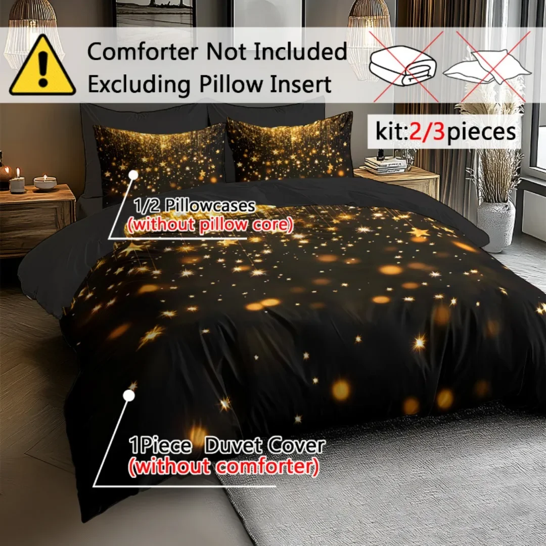 3pcs Black Golden Shiny 3D Print Bedding Set Cozy Comfortable Duvet Cover King Queen Twin Size Birthday Gift Bedroom Decoration
