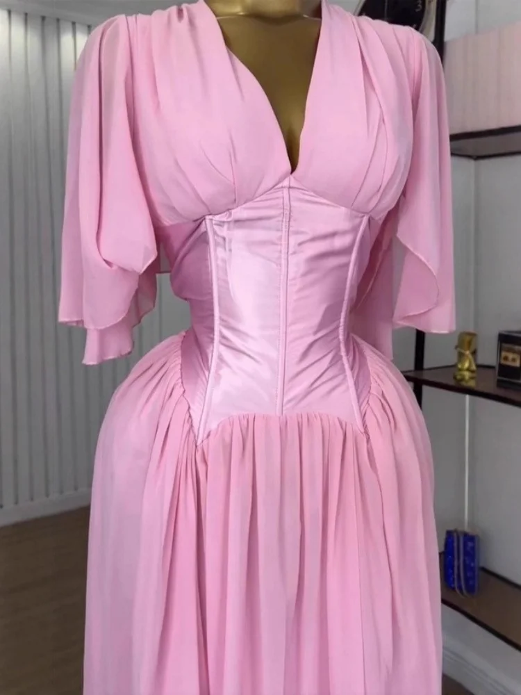 Wmstar Dress Women Wholesale Stock 2025 Cross Border Clothing Pink Chiffon Summer Short Sleeved Elegant V Neck Cinched Waist