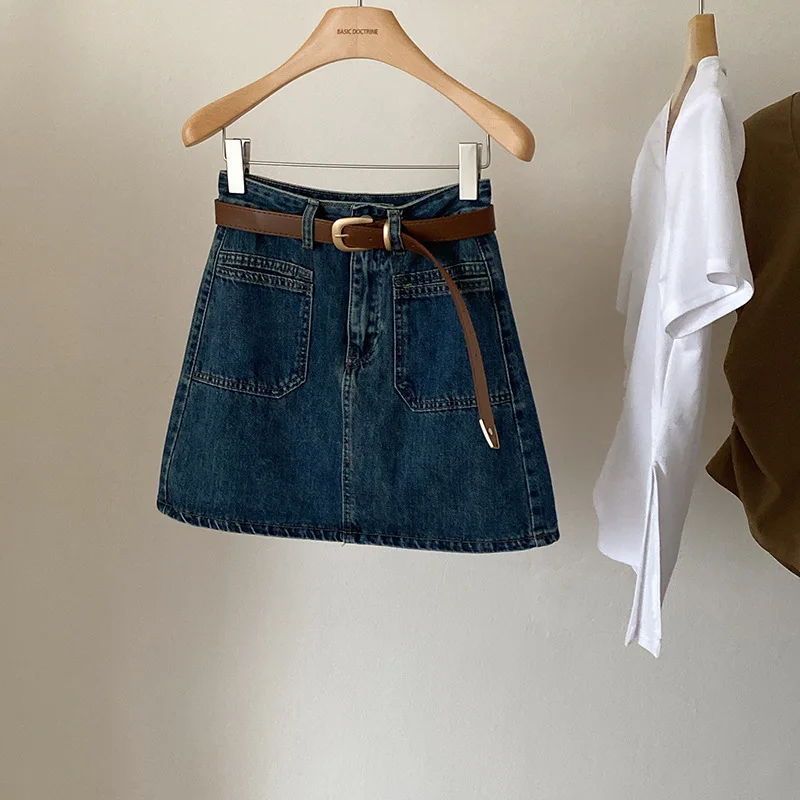 

Y2K Vintage Women Korean Belt Short Denim Mini Denim Skirt Women's Solid Color High Waist Sexy A-line Mini Skirts Summer New