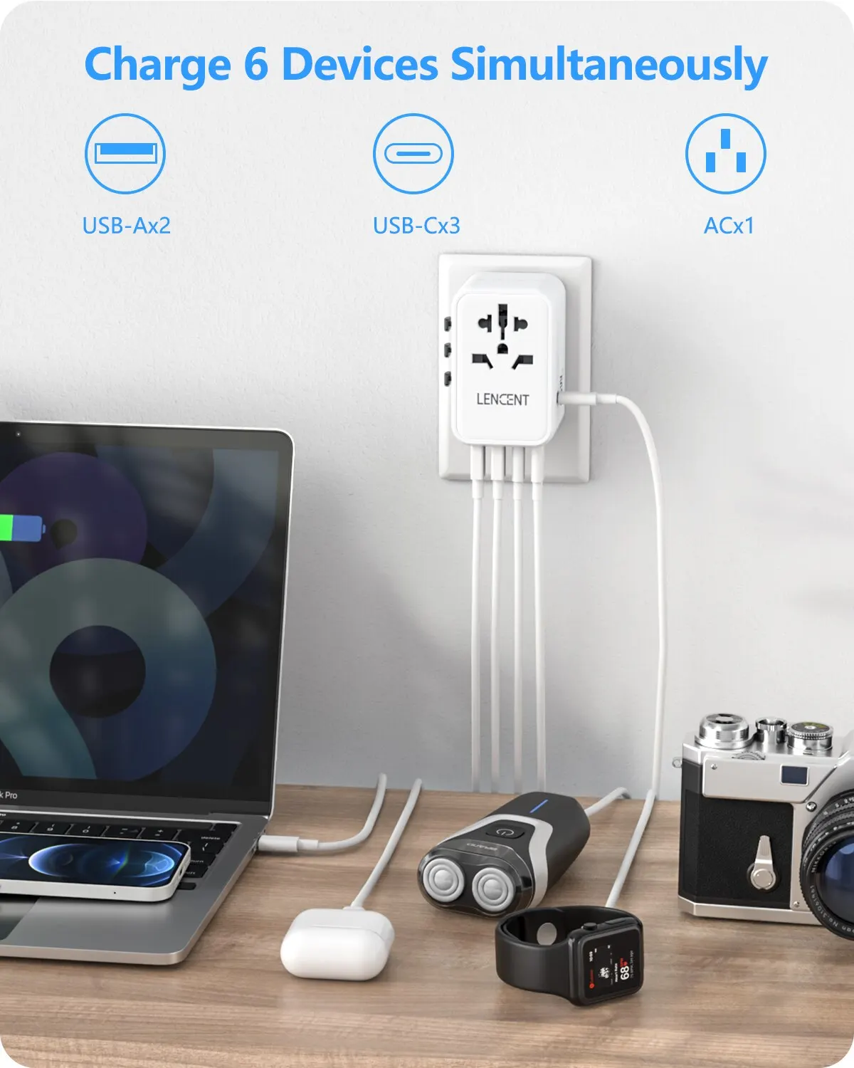 Adaptador de viagem internacional Lenzent 65W Gan com 2usb 3 Tipo C Gan adaptador de carregamento rápido com plugue UE au us uk para viagens