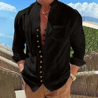 2025 Hommes nouveau coton et lin poche rétro col montant chemise à manches longues décontracté multi-boutons couleur unie rayé cardigan 3