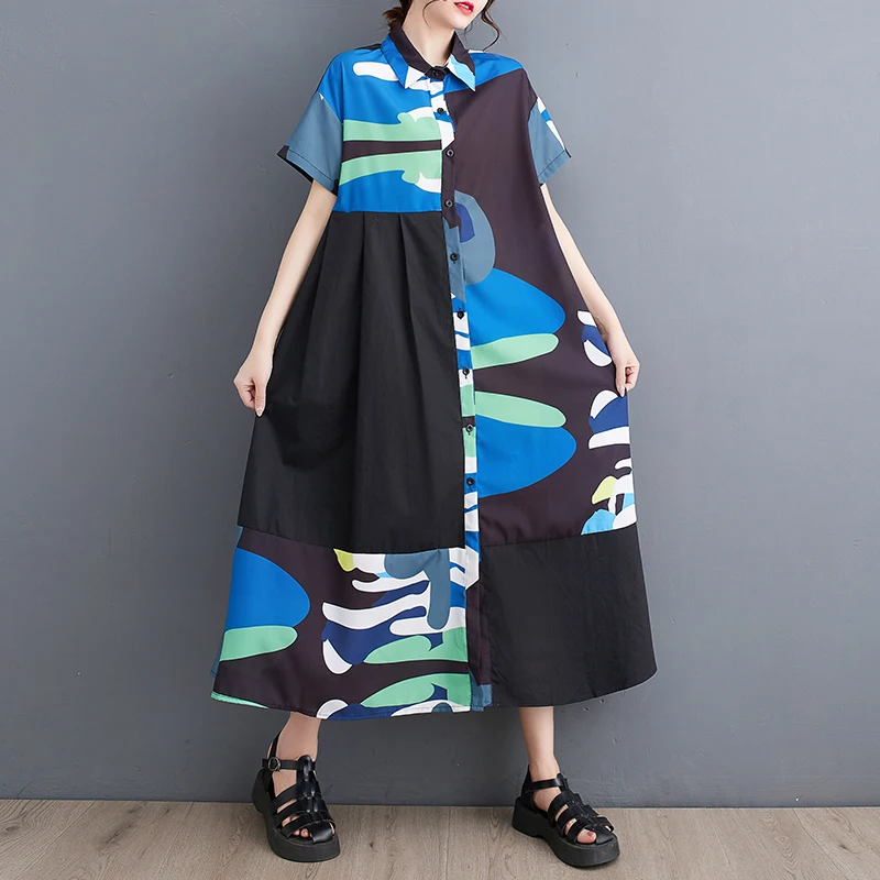 

2023 New Arrival Tie Dye Print Single Breasted Sweet Girl's Chic Summer Blouse Dress Loose Fashion Women Casual Midi Dress