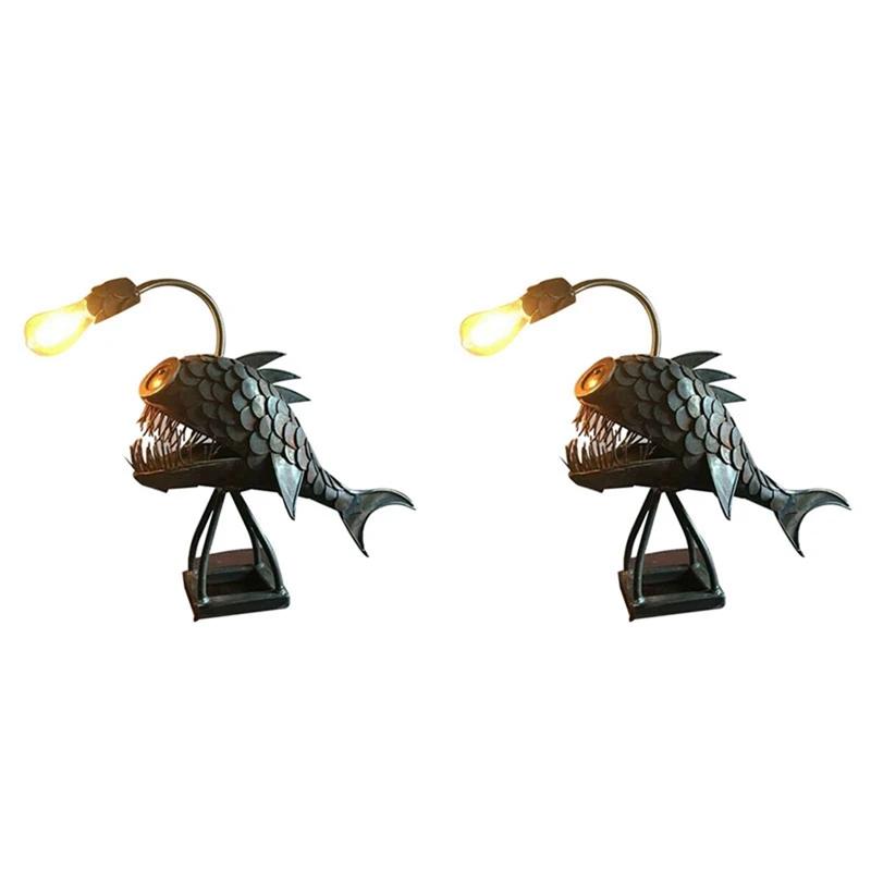 Promotion! 2X Angler Fish Lamp USB Rechargeable Desktop Metal Light Handmade Craft Home Living Room Decoration Small |