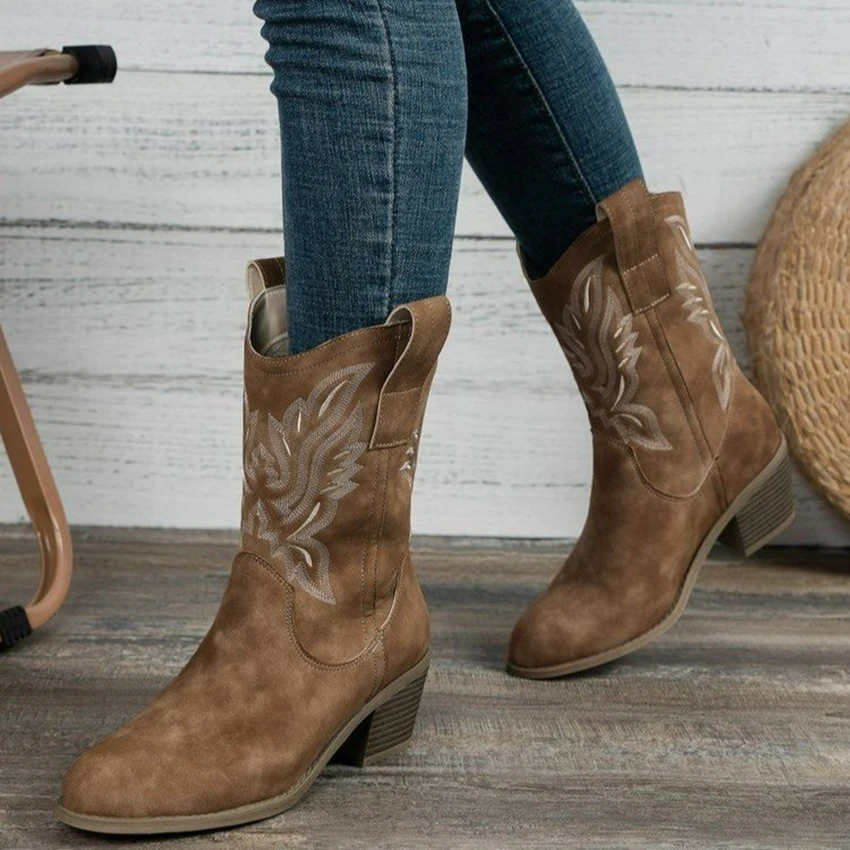 Spring Fall Western Cowboy Boots Fashion Women's Boots 2024 Women's Mid Calf Low Heel Vintage Women's Boots English Style Casual