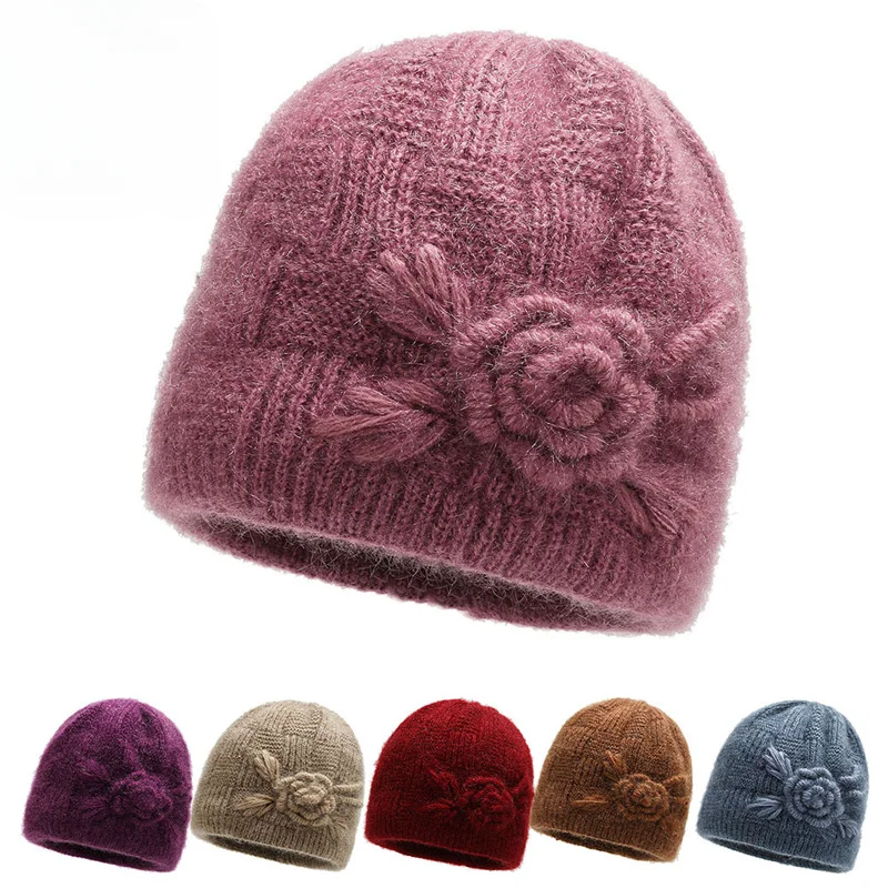 Bonnet for Women Winter Hats Fashion Floral Cross Knitted Hat Ladies Warm Velvet Winter Hat Skullies Beanies MOM Grandmother Cap 2