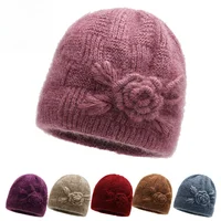 Bonnet for Women Winter Hats Fashion Floral Cross Knitted Hat Ladies Warm Velvet Winter Hat Skullies Beanies MOM Grandmother Cap 2