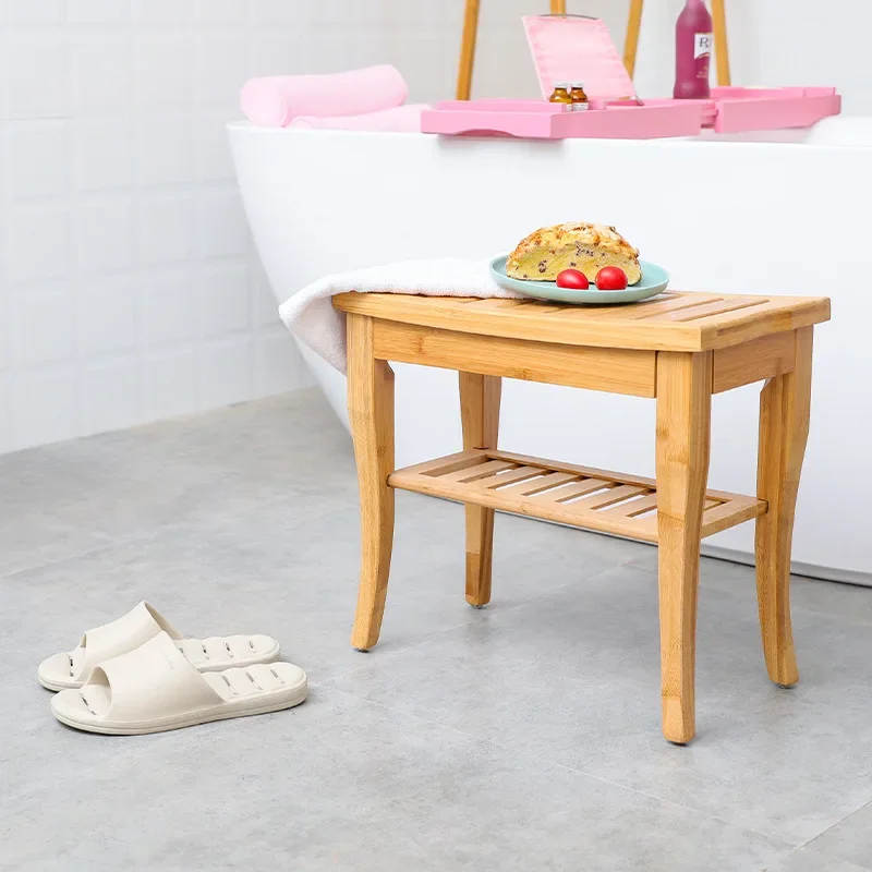 Bamboo Bathroom Stool Stable Shoe Bench Heavy-Duty Shower Organizer Multi-Purpose Bath Bench for Home Use