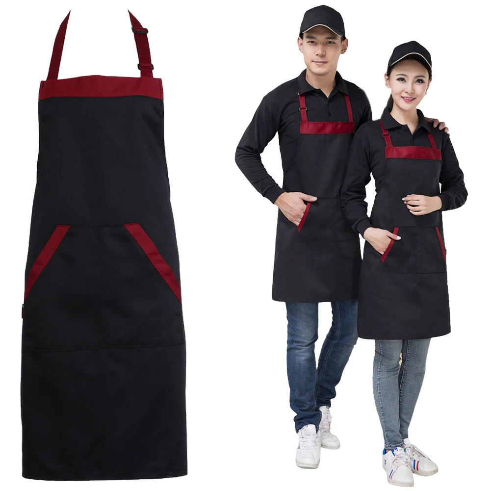 4Pcs Cooking Apron with 2 Pockets Restaurant Apron Black Red Kitchen Bib Food Service Apron for Hotel Restaurant Kitchen