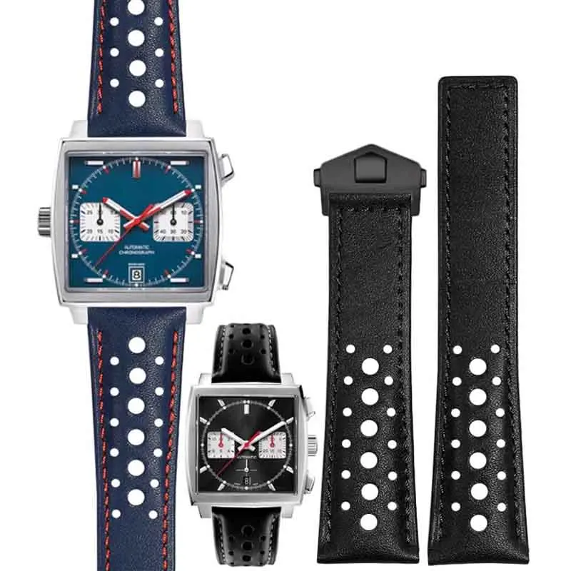 Bracelet Cuir Bleu 22 Mm Compatible TAG Heuer Monaco - Style Rallye Racing - Neuf
