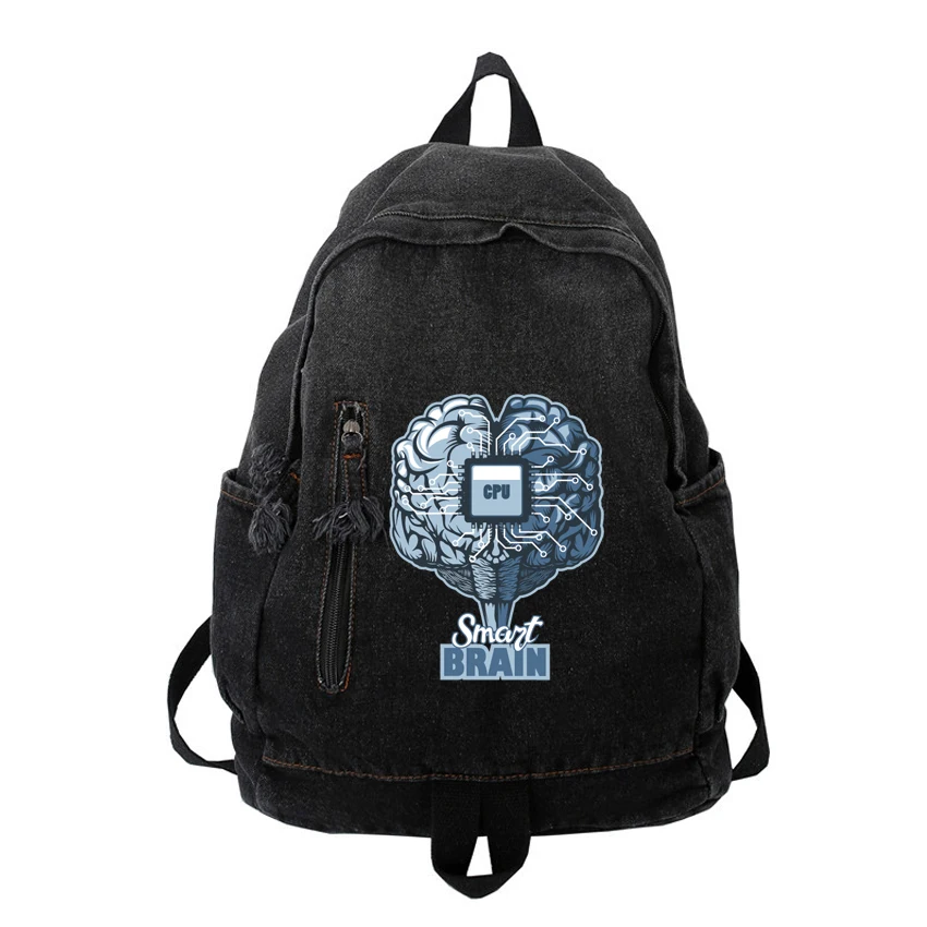 

Vintage Washed Denim Backpacks Couple Daily All-match Casual Fashion Lazy Backpack Brain “CPU” Pattern Cattle Head Pattern Print