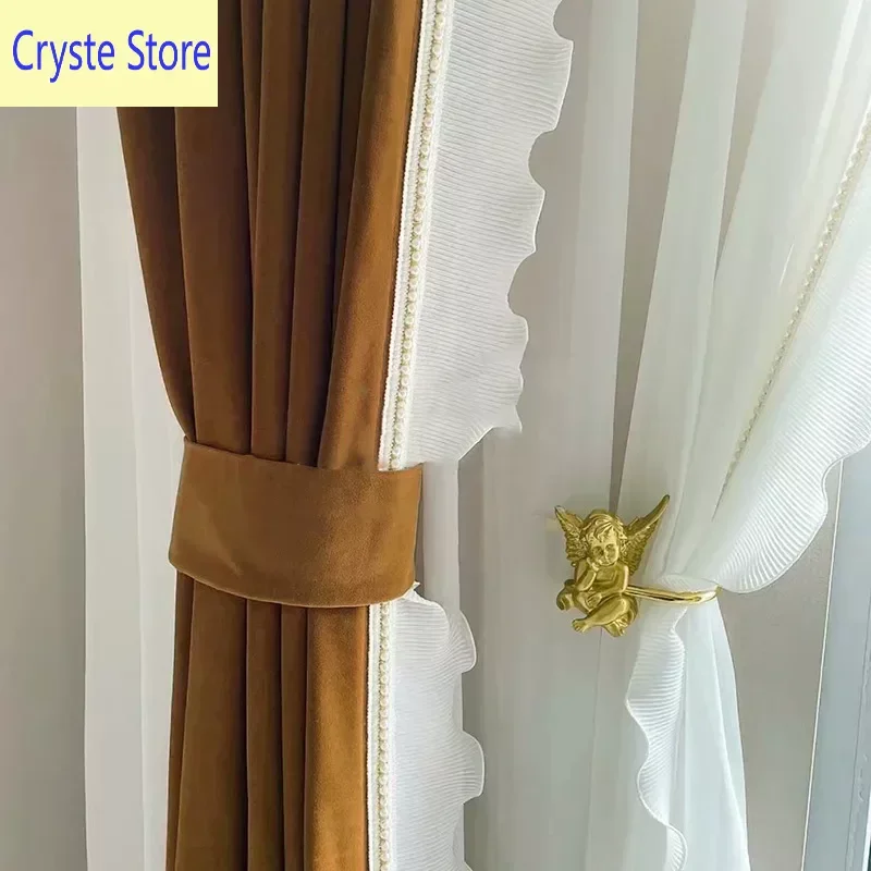 

Australian Wool Velvet Curtains Spliced Mullein Lace French Style Vintage Decoration Rococo Lace Yarn Curtains for Living Room