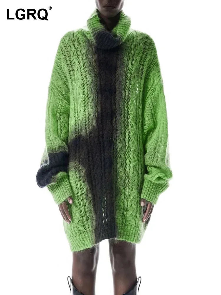 

LGRQ Colorblock Streetwear Loose Sweaters For Women Turtleneck Long Sleeve Pullover Casual Knitting Sweater Female Fashion New