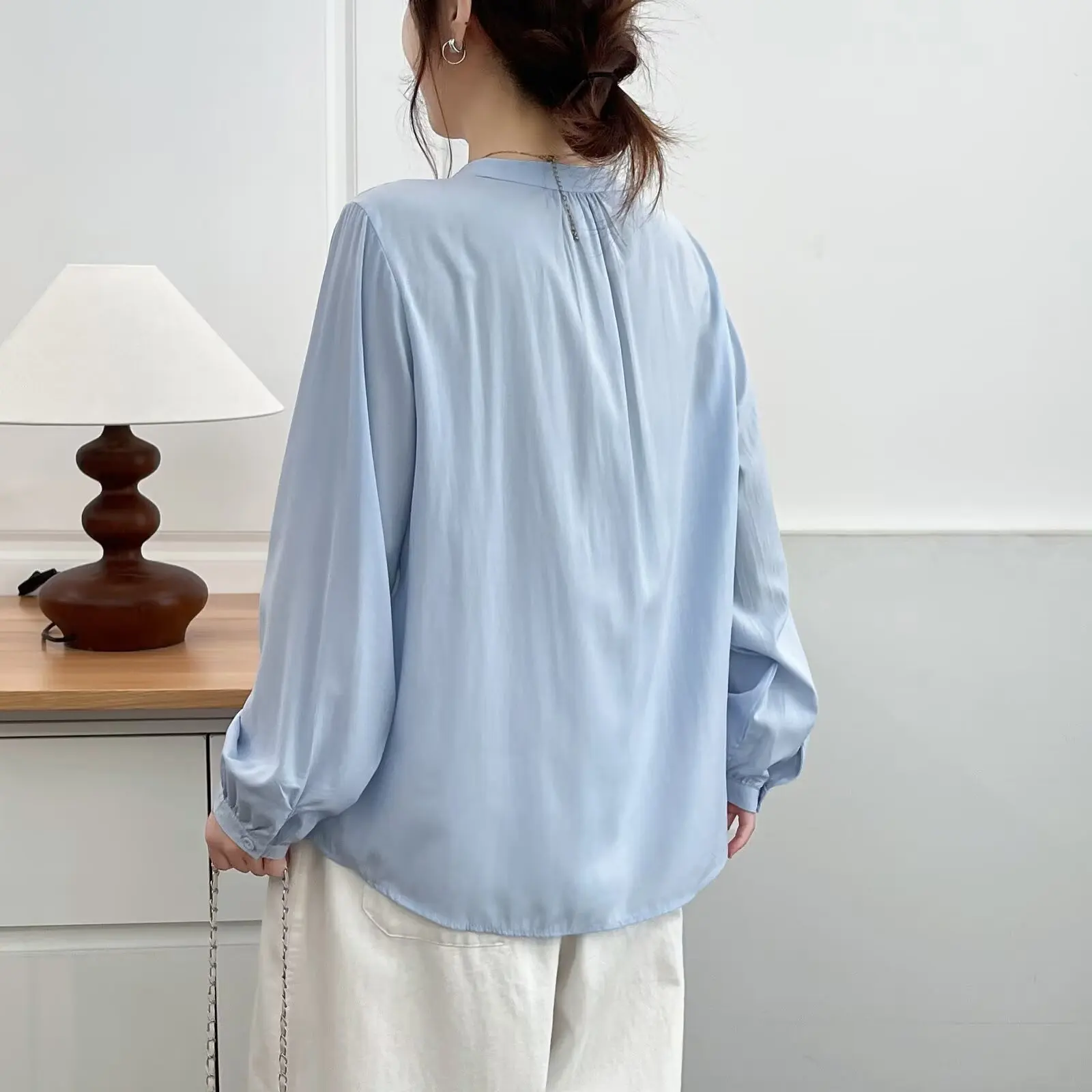 Fashion Plus Size Women's Blouses Autumn Style Ruffled Long Sleeve Chic Solid Color Ice Silk Cotton Shirt 2505