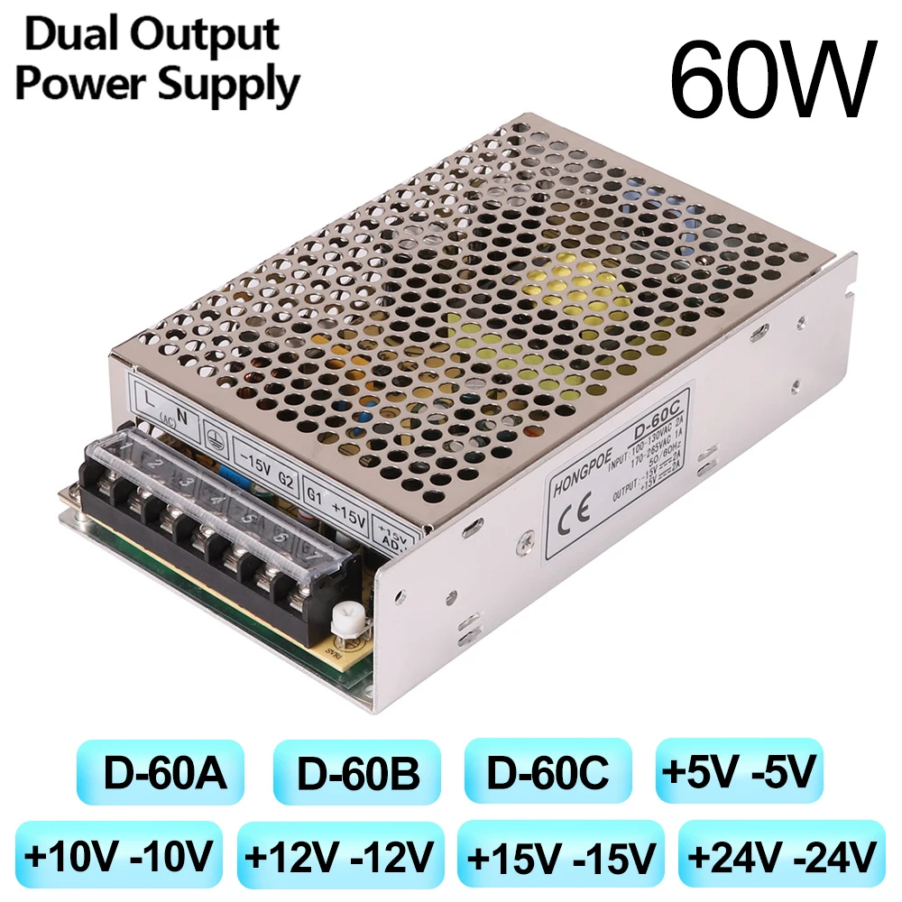 Fonte de Alimentação de Saída Dupla 60w 5v 10v 12v 15v 24v D60a 60b D-60c Mais 12v 12v Mais 15v Mais 5v Mais 24v Smps24v Ac100-240v