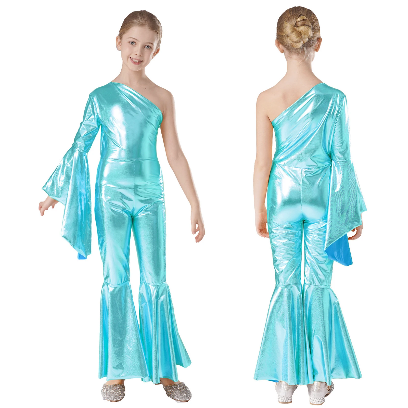 thumbnail image 1 of Mono de gimnasia con mangas acampanadas para niñas, mono de un hombro y campana metálico brillante, trajes de ballet y danza jazz, 1 of 5