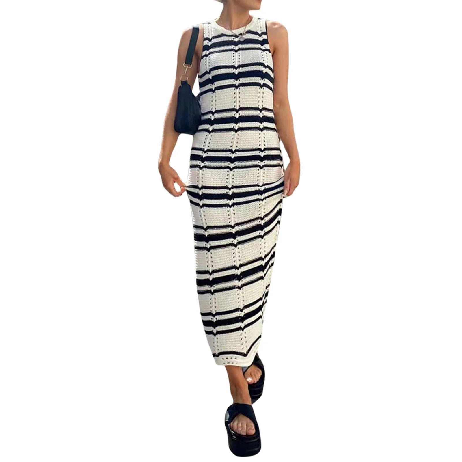 Women's Fashion Casual Dress Oneck Sleeveless Contrast Color Striped