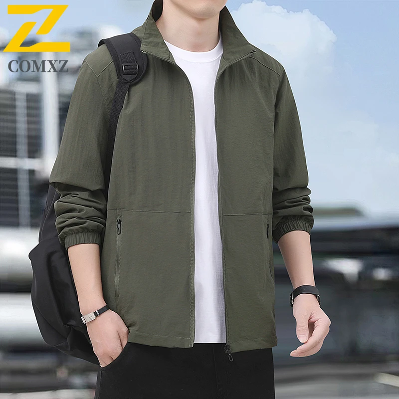 EiAO Jacket Men Stand Collar Korean Style Slim Fit Casual Coat Plus Size Waterproof Windproof Outdoor for Hiking Camping Fishing