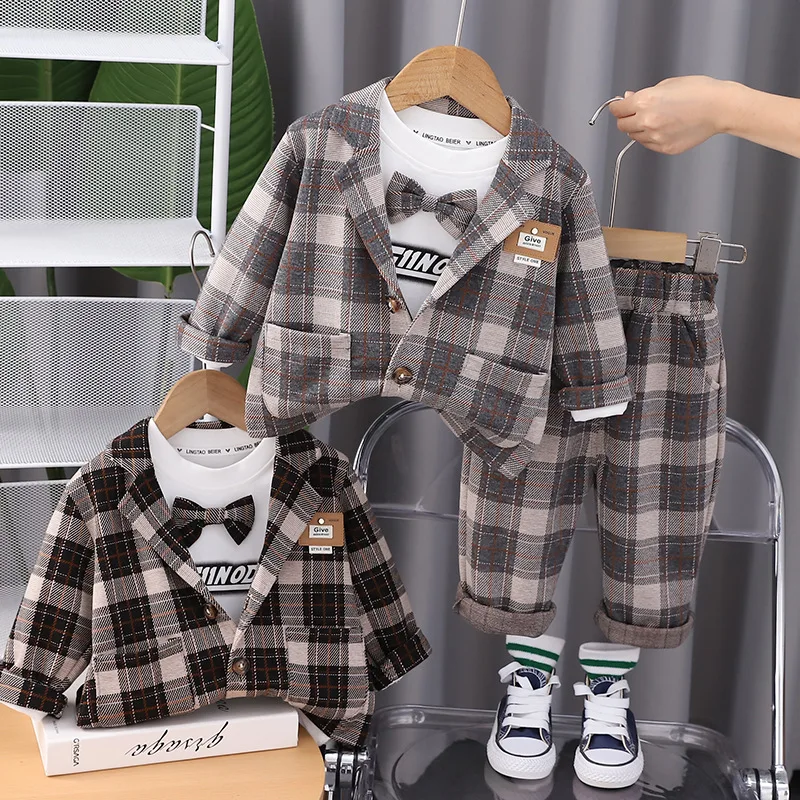 

Комплекты одежды для мальчиков, весна-осень, детская Свадебная модель, пальто, футболка, брюки, костюм из 3 предметов для малышей, костюмы 2023, Детский комплект на день рождения