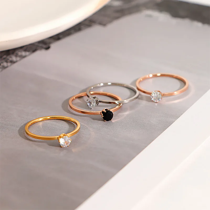 Stainless Steel Single CZ Ring Simple 1mm Thin Wedding Band For Women Girl Size 3-10
