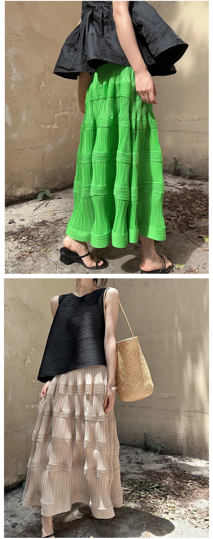 Miyake Pleated Wave Pattern Cake Skirt Original Designer Women 2024 Spring Korean Fashion High Waist Long Swing Flower Bud Skirt