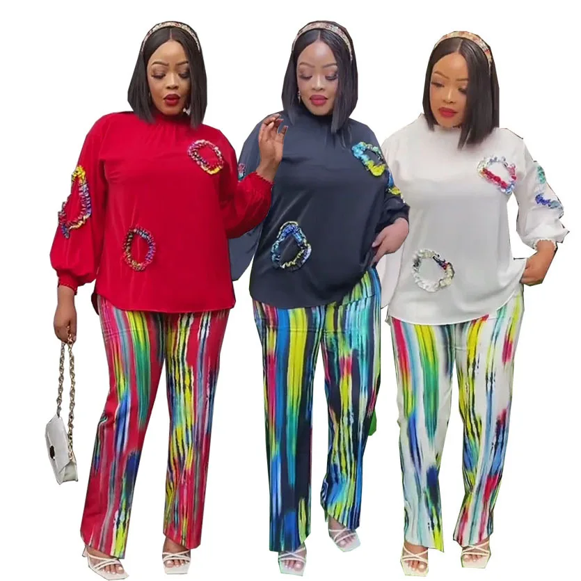

2 Piece Set Women Clothes Dashiki Diamond African Tops And Pants Trousers Suits 2023 Plus Size Party Clothing for Lady Outfits