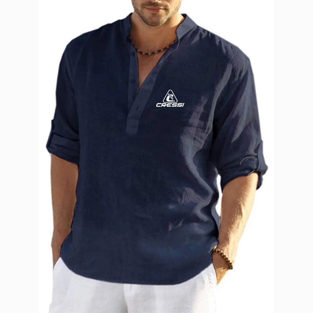 Scuba Dive Cressi 2023 Summer style Men's High quality leisure fashion Linen Long Sleeve Shirt Solid Color Casual Cotton Tops