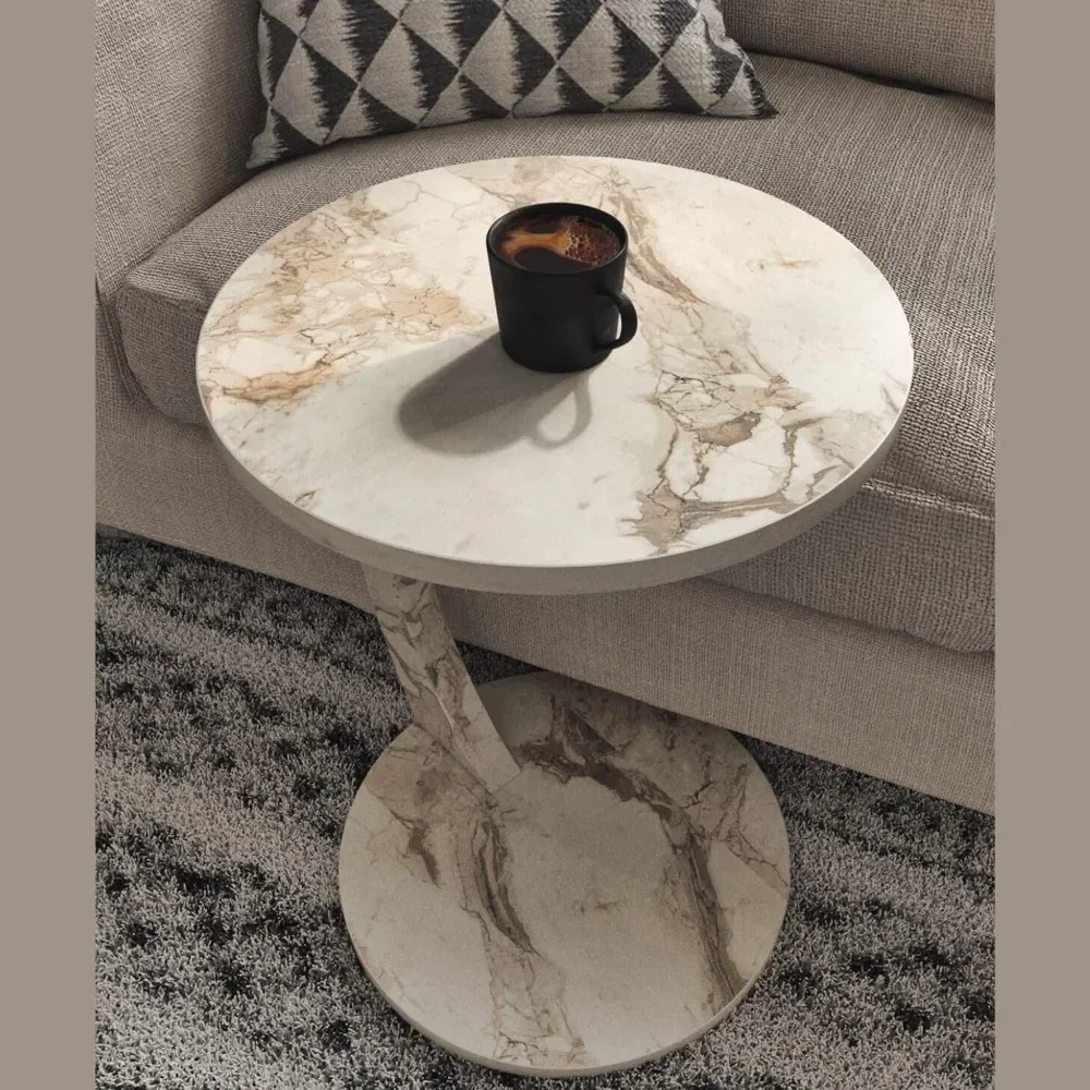 C Shaped End Table for Couch Small Places, Faux Marble White Space Saver Round Side Table for Sofa and Bedside with Wheels 6