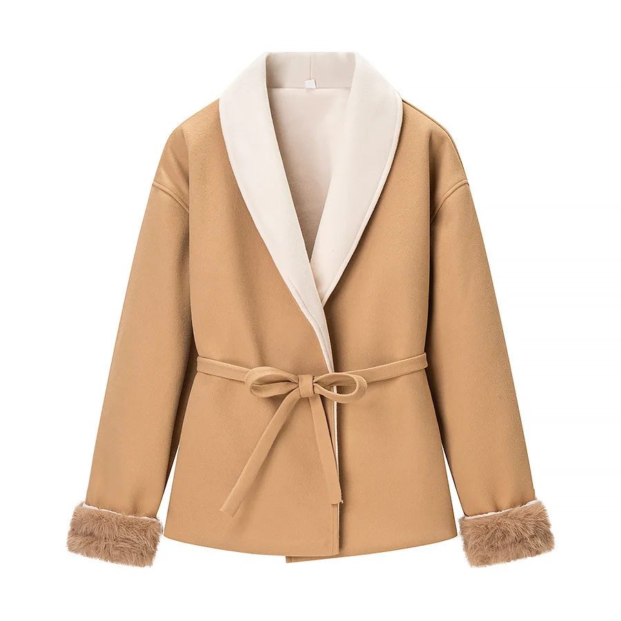 HH Damen Frühlingsmode Vielseitiger Mantel mit Revers, Schnürung und Langen Ärmeln im Süßen Stil, Locker Geschnitten, Bequem und Warm – Detail 3