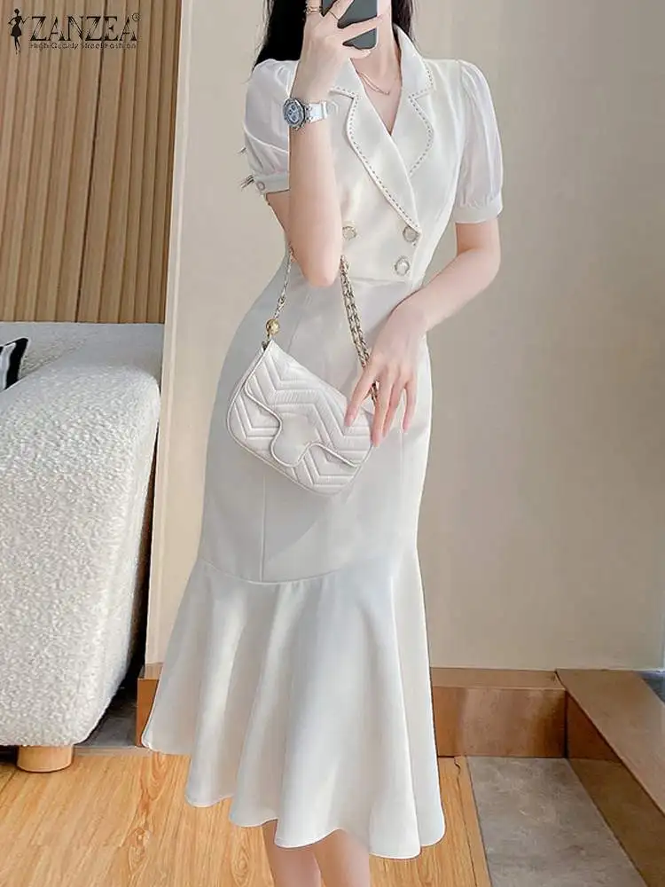 

ZANZEA 2023 Women Long Fishtail Vestido Puff Short Sleeve Elegant Casual Slimming Midi Dresses Solid Buttons Mermaid Shirt Dress