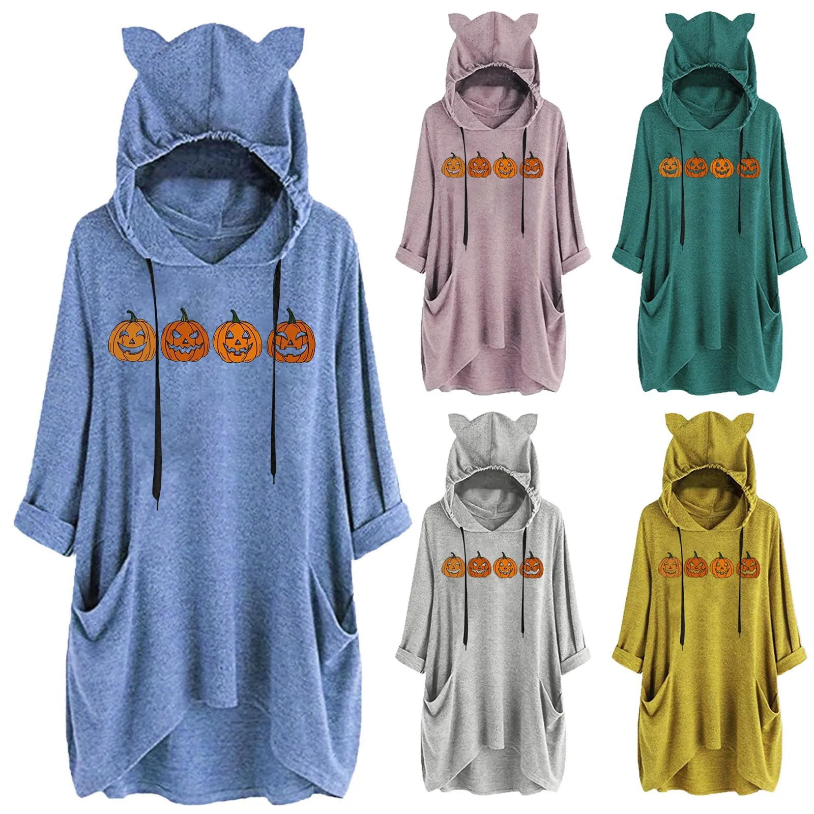 

Halloween Print Hooded Long Sleeve Pullover Casual Sweatshirt Cat Ears Ladies Womens Graphic Long Sleeve Tunic Zip up Jacket