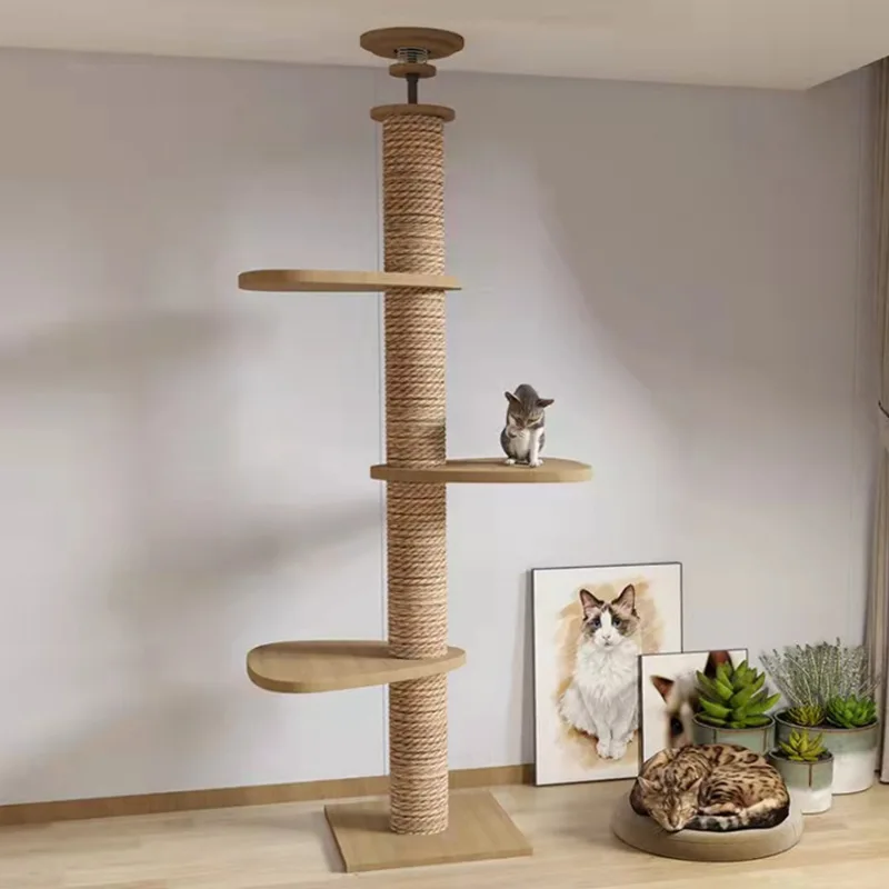 Modern Cat Tree Wooden FloortoCeiling Cat Tree Tower, With Natural