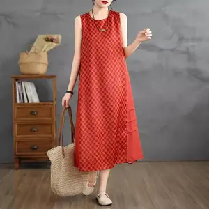 Red Printed Vest Dress Women's 2024 Summer Retro Temperament Elegant High-End Chinese Style Sleeveless Loose Fitting Dress K1027