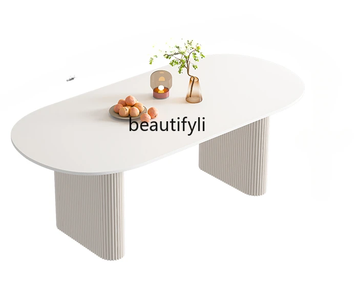

Cream Style Pure White Stone Plate Dining Table Household Light Luxury Modern Simple Small Apartment French Oval Dining Table
