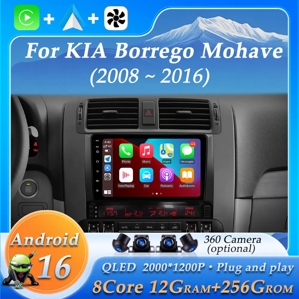 Android 16 Inalámbrico CarPlay Android Auto para KIA Borrego Mohave 2008 - 2016 Reproductor GPS para Auto Navegación Pantalla Táctil Radio Estéreo 1