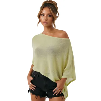Womens Shawl Tops Solid Color Irregular Hem Boat Neck Loose Fit Sheer Knit Poncho Blouse Summer Cover-ups Lightweight Stylish 1