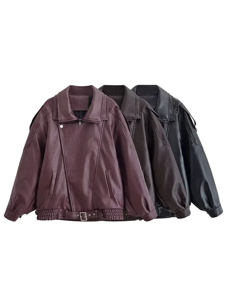 HH Women Fashion Pu Leather Bomber Jackets Stand Collar Long Sleeve Zipper Jacket Fashion High Street Lady Outwears Chic Coat