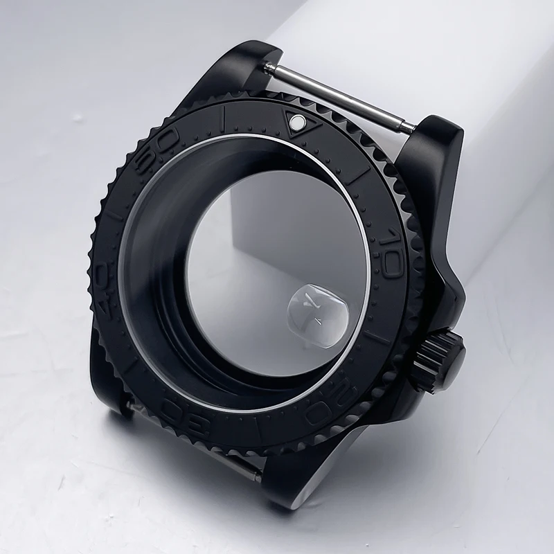 All-Black Sub Style Watch Case with Rubber Strap and Sapphire Crystal