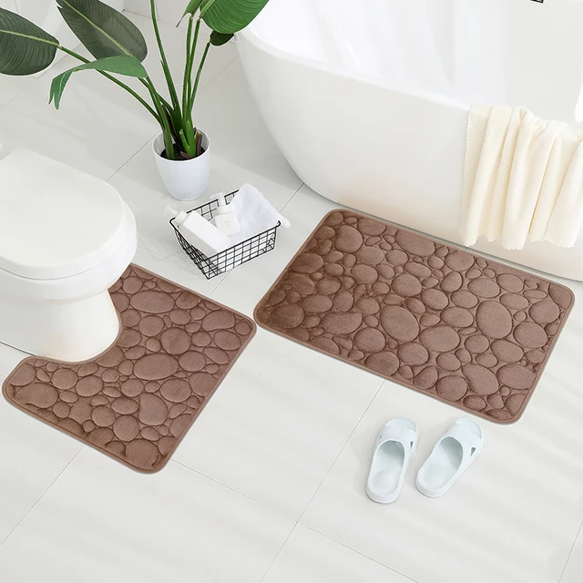 Clearance_Embroidered Tapis de sol en velours de corail galets, tapis de salle de bain, tapis de pied absorbant en éponge en forme de U pour salle de bain, tapis de porte, deux 4