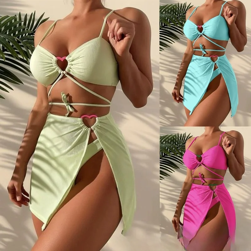 

2023 Swimsuit Women's Criss Cross Split Three Piece Dress Bikini Sets Solid Halter Swimwear Drawstring Cover Up For Fashion