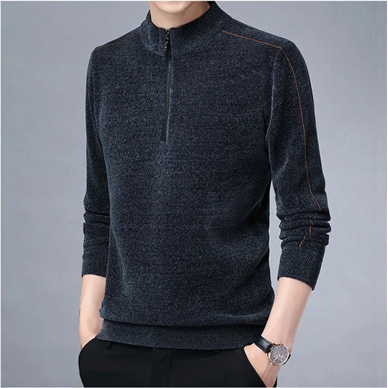 

Свитер из синели, мужские повседневные трикотажные топы, осенне-зимняя утепленная зеленая водолазка на молнии, джемпер, трикотажная одежда